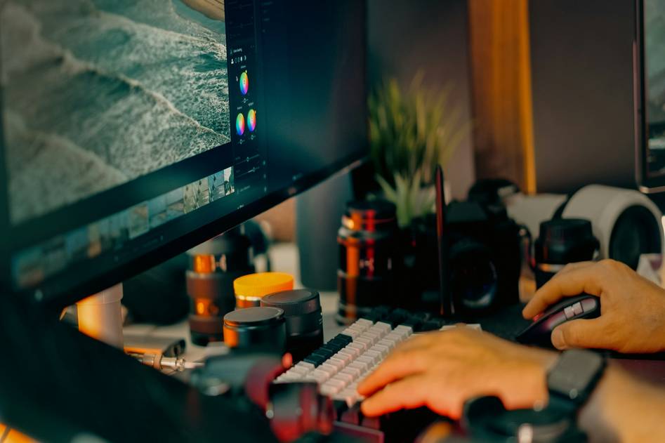 Sleek video editing interface on laptop screen with timeline and color tools